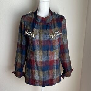 CAbi Collage Plaid Jacket with Pearl Accents
